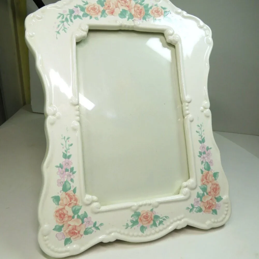 Ceramic Vintage Peachy Pink Roses Picture Frame w Lilac Flowers 10
